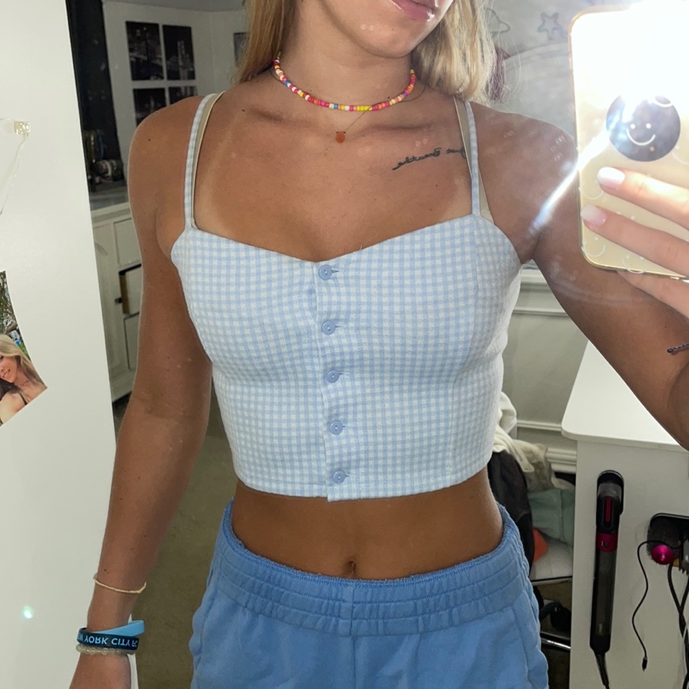 Forever21 cropped blue + white checkered tank top